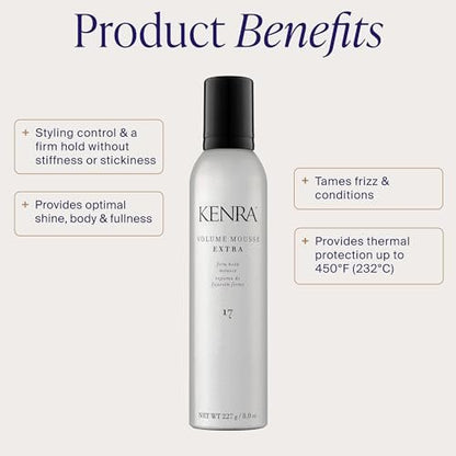 Kenra Volume Mousse Extra 17 – Firm Hold Mousse for All Hair Types, Lightweight, Non-Drying, Thermal Protection up to 450°F, 8 oz Avelisse