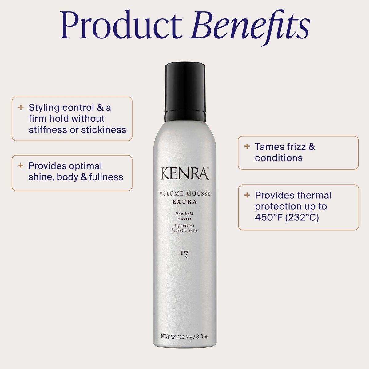 Kenra Volume Mousse Extra 17 – Firm Hold Mousse for All Hair Types, Lightweight, Non-Drying, Thermal Protection up to 450°F, 8 oz Avelisse