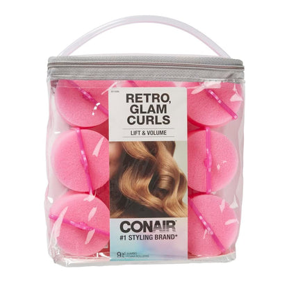Conair Foam Hair Rollers for Big Volume, Lift and Curl - Large Pink, 9 Pack with Storage Bag