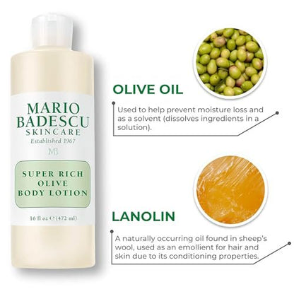 Mario Badescu Super Rich Olive Body Lotion for Dry Skin, Non-Greasy & Creamy Moisturizer with Olive Oil, 6 Fl Oz