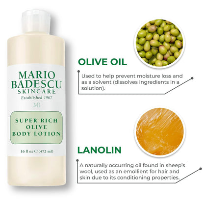 Mario Badescu Super Rich Olive Body Lotion for Dry Skin, Non-Greasy & Creamy Moisturizer with Olive Oil, 6 Fl Oz