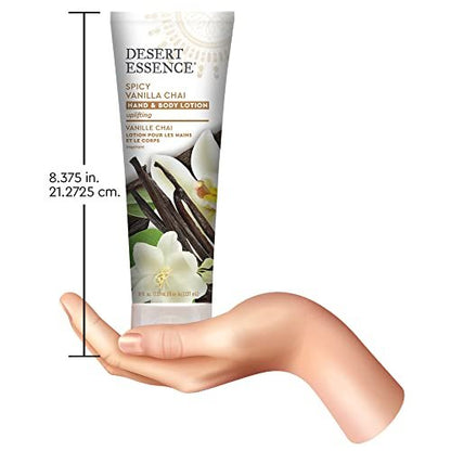 Desert Essence Spicy Vanilla Chai Hand & Body Lotion, Uplifting, Smooth & Soften Skin, No Greasy Residue, Aloe Vera, Shea Butter, Vitamin E, 8 Fl Oz