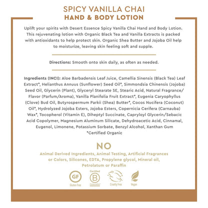 Desert Essence Spicy Vanilla Chai Hand & Body Lotion, Uplifting, Smooth & Soften Skin, No Greasy Residue, Aloe Vera, Shea Butter, Vitamin E, 8 Fl Oz