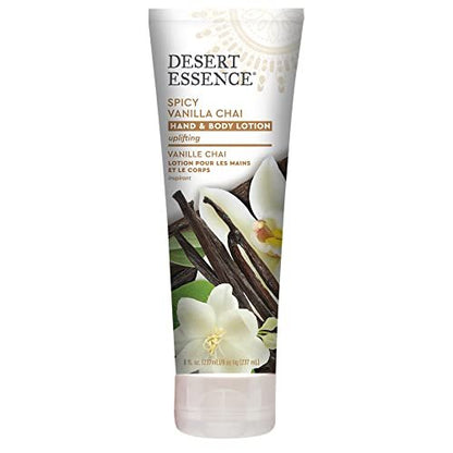 Desert Essence Spicy Vanilla Chai Hand & Body Lotion, Uplifting, Smooth & Soften Skin, No Greasy Residue, Aloe Vera, Shea Butter, Vitamin E, 8 Fl Oz
