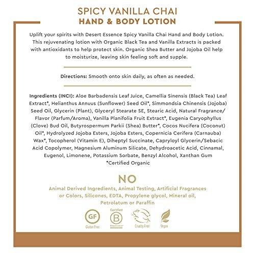 Desert Essence Spicy Vanilla Chai Hand & Body Lotion, Uplifting, Smooth & Soften Skin, No Greasy Residue, Aloe Vera, Shea Butter, Vitamin E, 8 Fl Oz - görsel 9