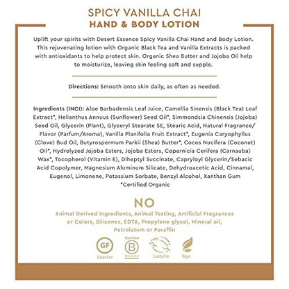 Desert Essence Spicy Vanilla Chai Hand & Body Lotion, Uplifting, Smooth & Soften Skin, No Greasy Residue, Aloe Vera, Shea Butter, Vitamin E, 8 Fl Oz