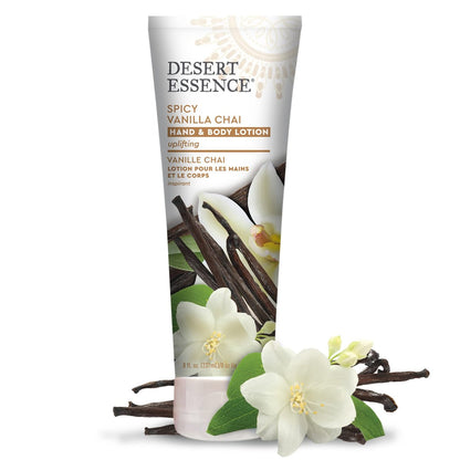 Desert Essence Spicy Vanilla Chai Hand & Body Lotion, Uplifting, Smooth & Soften Skin, No Greasy Residue, Aloe Vera, Shea Butter, Vitamin E, 8 Fl Oz