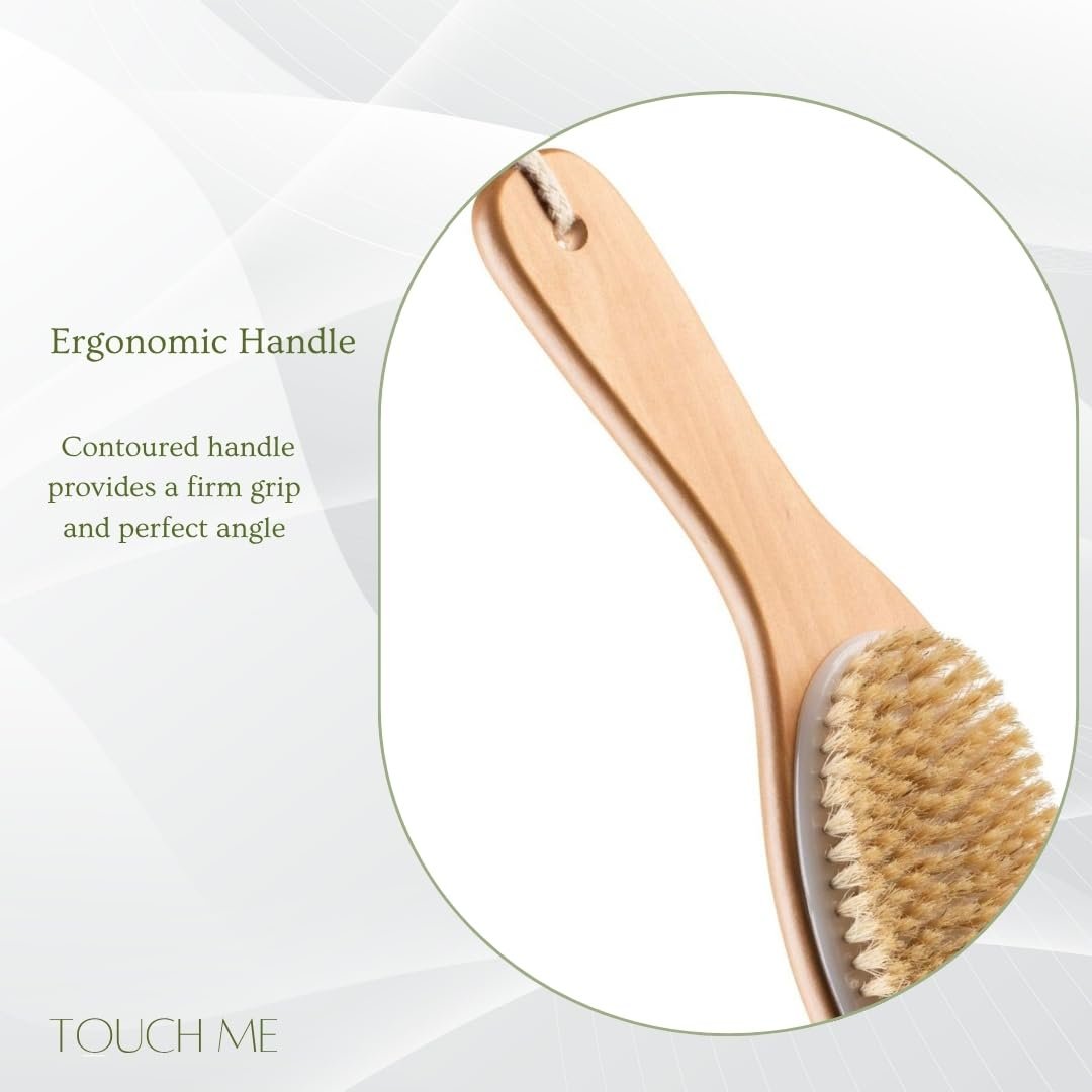 100% Natural Boar Bristle Body Brush with Contoured Wooden Handle – Dry Brushing & Shower Brush by TOUCH ME - görsel 7