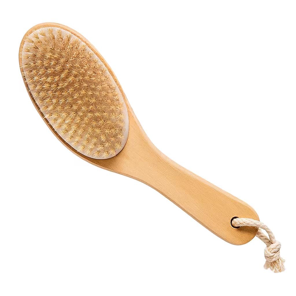 100% Natural Boar Bristle Body Brush with Contoured Wooden Handle – Dry Brushing & Shower Brush by TOUCH ME - görsel 1