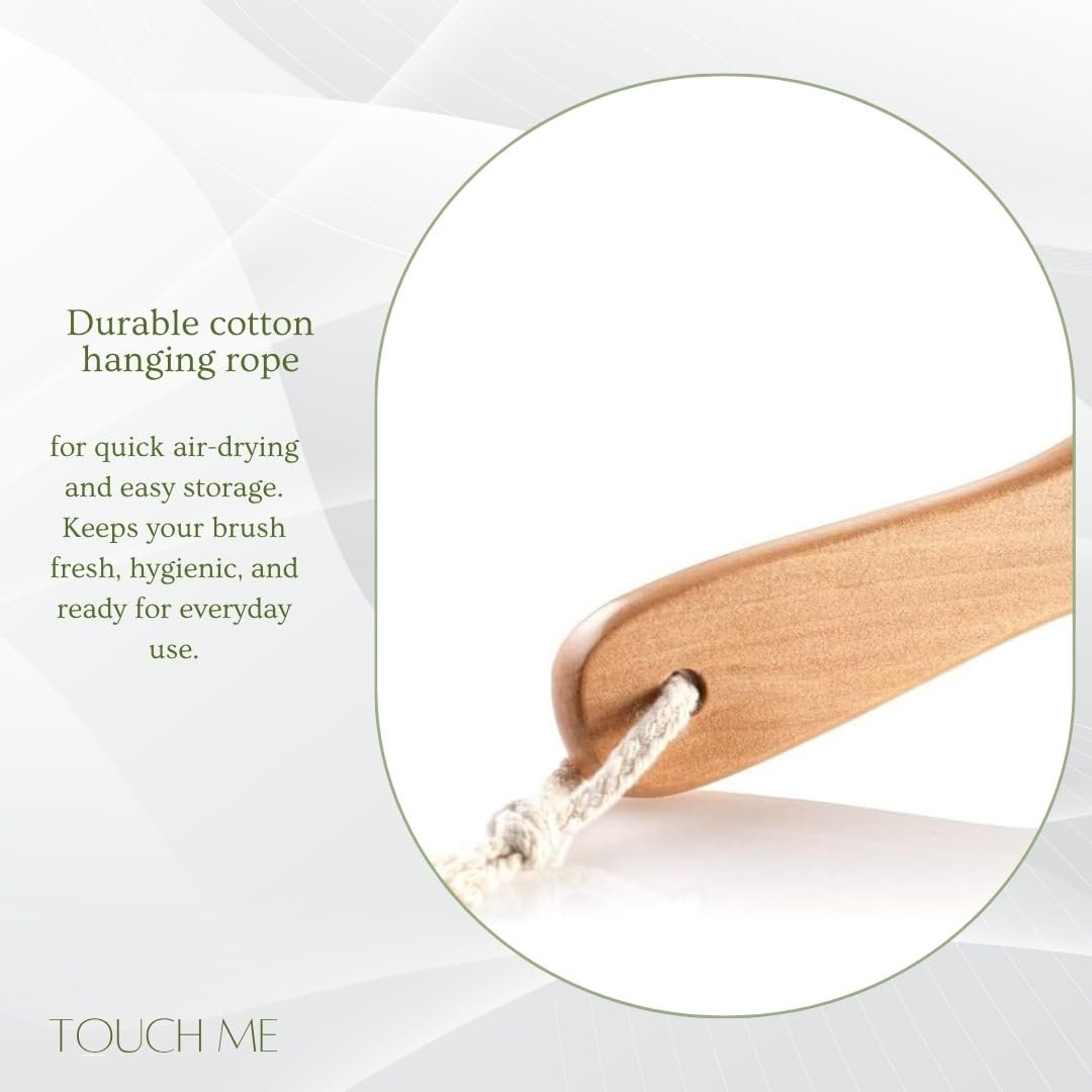 100% Natural Boar Bristle Body Brush with Contoured Wooden Handle – Dry Brushing & Shower Brush by TOUCH ME - görsel 9
