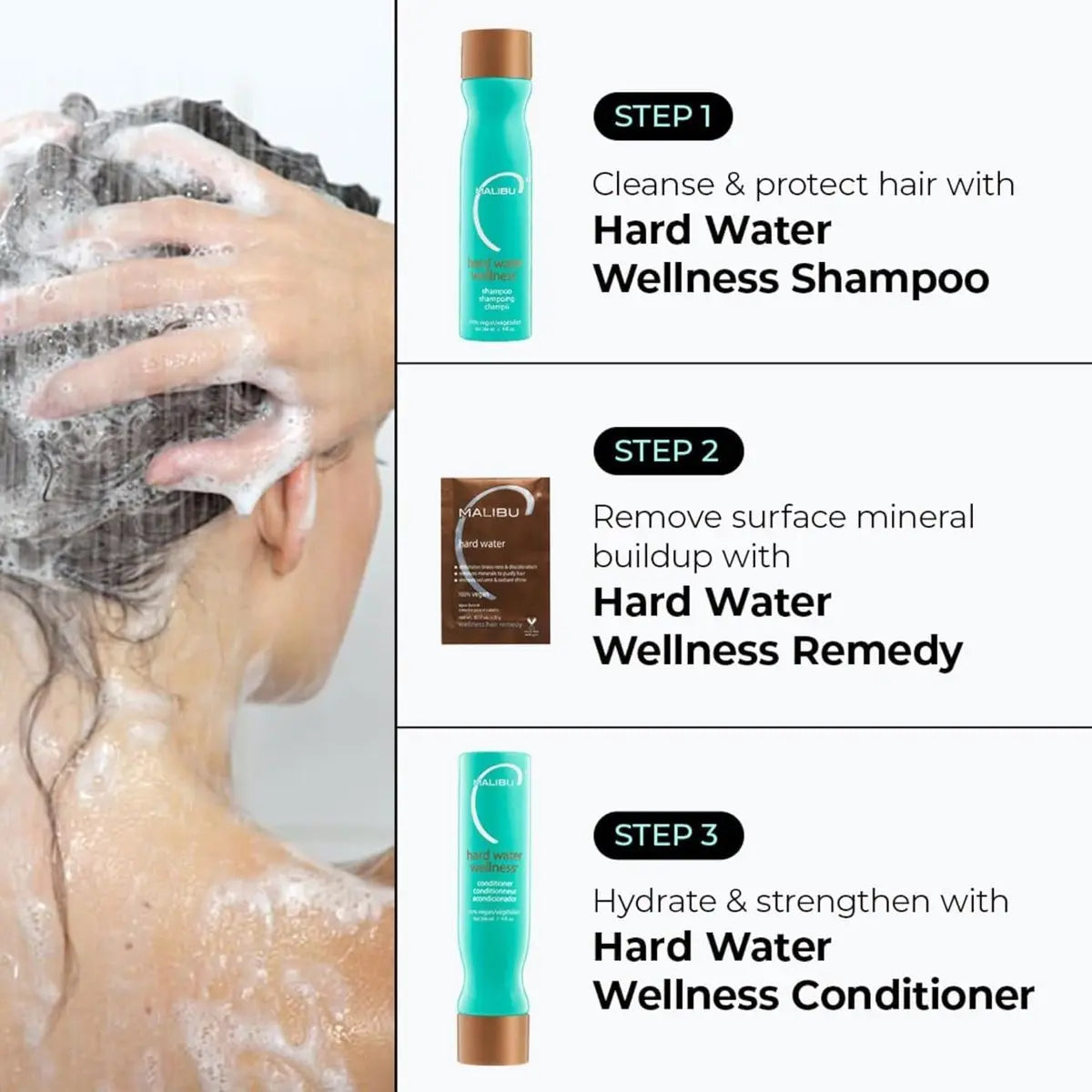 Malibu C Hard Water Wellness Remedy - Hard Water Shampoo, Conditioner & Hair Mask Packets for Removing Deposits and Impurities - Hydrating Hair Care Set (6 Ct) Avelisse