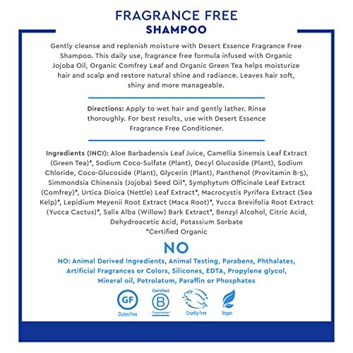 Desert Essence Fragrance Free Shampoo – Unscented Gentle Cleanser with Jojoba Oil, Green Tea & Comfrey – 8 fl oz – For Sensitive Scalps - görsel 6