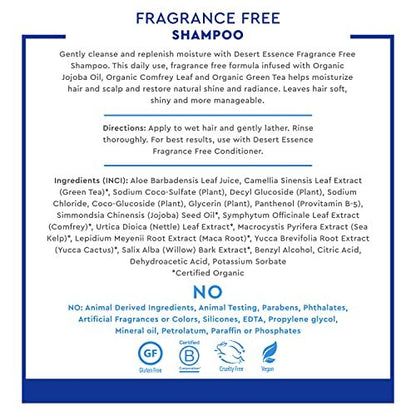 Desert Essence Fragrance Free Shampoo – Unscented Gentle Cleanser with Jojoba Oil, Green Tea & Comfrey – 8 fl oz – For Sensitive Scalps