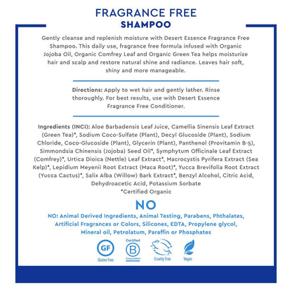 Desert Essence Fragrance Free Shampoo – Unscented Gentle Cleanser with Jojoba Oil, Green Tea & Comfrey – 8 fl oz – For Sensitive Scalps