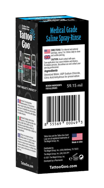 Tattoo Goo Saline-Spray Rinse for Piercings – 2 oz Aftercare Spray with 99.9% Sodium Chloride