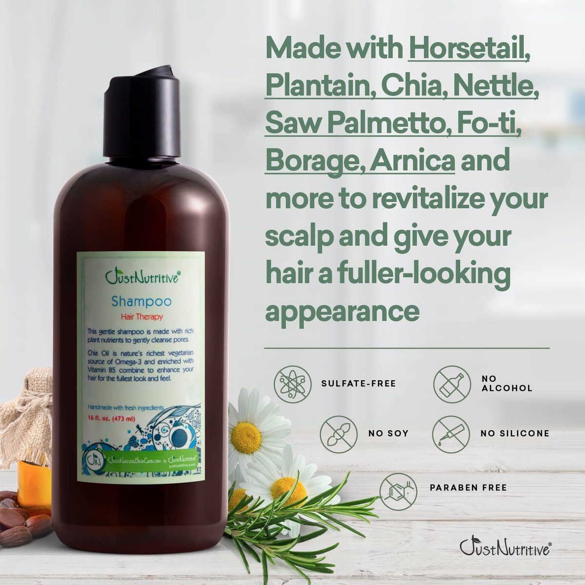 Just Nutritive Hair Loss Shampoo for Thinning Hair - Saw Palmetto, Nettle Root, Rosemary Oil - Scalp Stimulating, Sulfate Free for Men and Women - 16 oz Avelisse