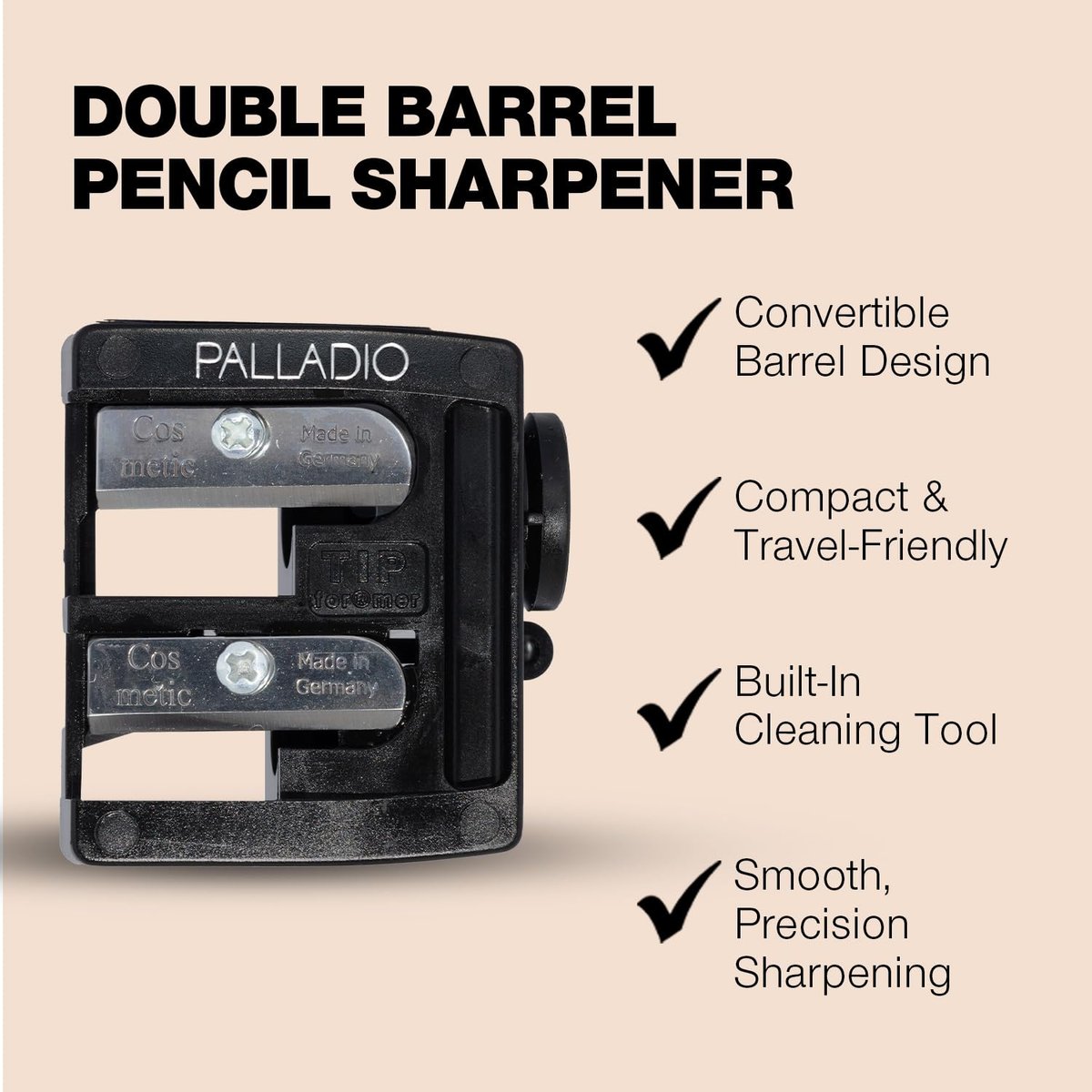 Palladio Double Barrel 3 in 1 Cosmetic Pencil Sharpener with Cover, Stainless Steel Blade, Size Adjuster - Essential for Lip Liner, Eyeliner, Brow Pencils - görsel 6