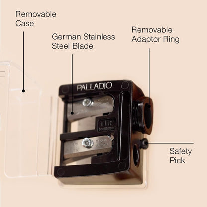 Palladio Double Barrel 3 in 1 Cosmetic Pencil Sharpener with Cover, Stainless Steel Blade, Size Adjuster - Essential for Lip Liner, Eyeliner, Brow Pencils