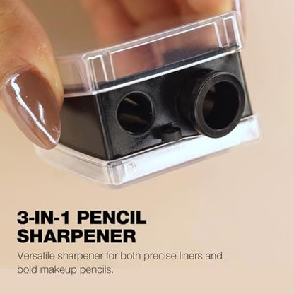 Palladio Double Barrel 3 in 1 Cosmetic Pencil Sharpener with Cover, Stainless Steel Blade, Size Adjuster - Essential for Lip Liner, Eyeliner, Brow Pencils