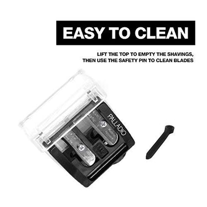 Palladio Double Barrel 3 in 1 Cosmetic Pencil Sharpener with Cover, Stainless Steel Blade, Size Adjuster - Essential for Lip Liner, Eyeliner, Brow Pencils