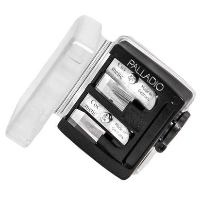 Palladio Double Barrel 3 in 1 Cosmetic Pencil Sharpener with Cover, Stainless Steel Blade, Size Adjuster - Essential for Lip Liner, Eyeliner, Brow Pencils