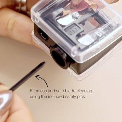 Palladio Double Barrel 3 in 1 Cosmetic Pencil Sharpener with Cover, Stainless Steel Blade, Size Adjuster - Essential for Lip Liner, Eyeliner, Brow Pencils