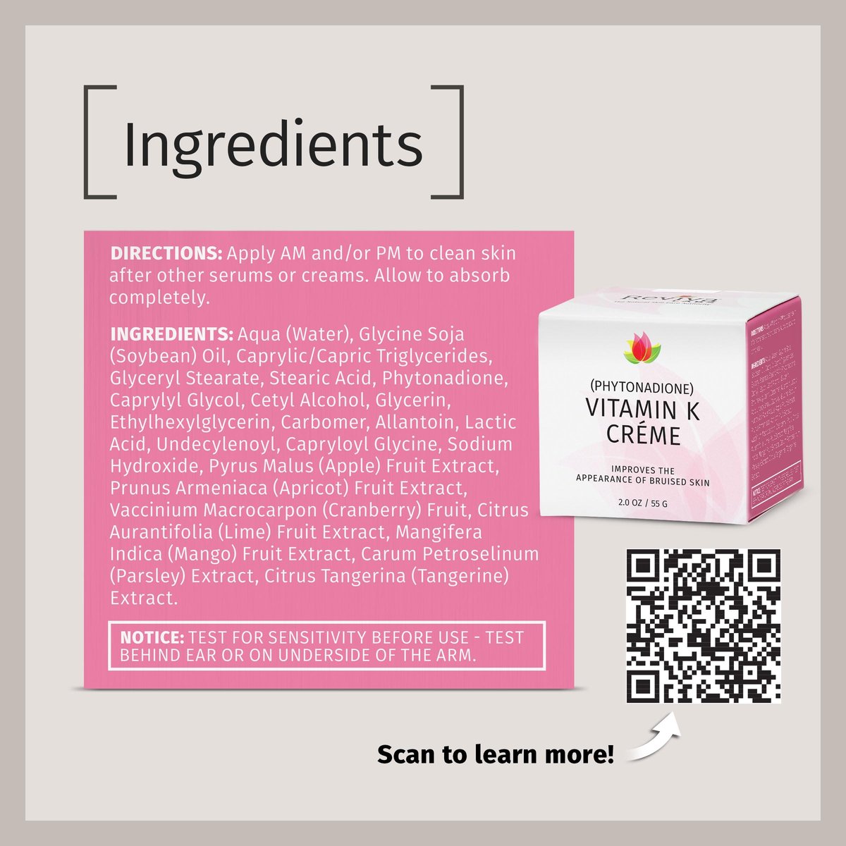 Reviva Labs Vitamin K Crème for Bruising, Dark Circles & Wrinkles - 2 oz Avelisse