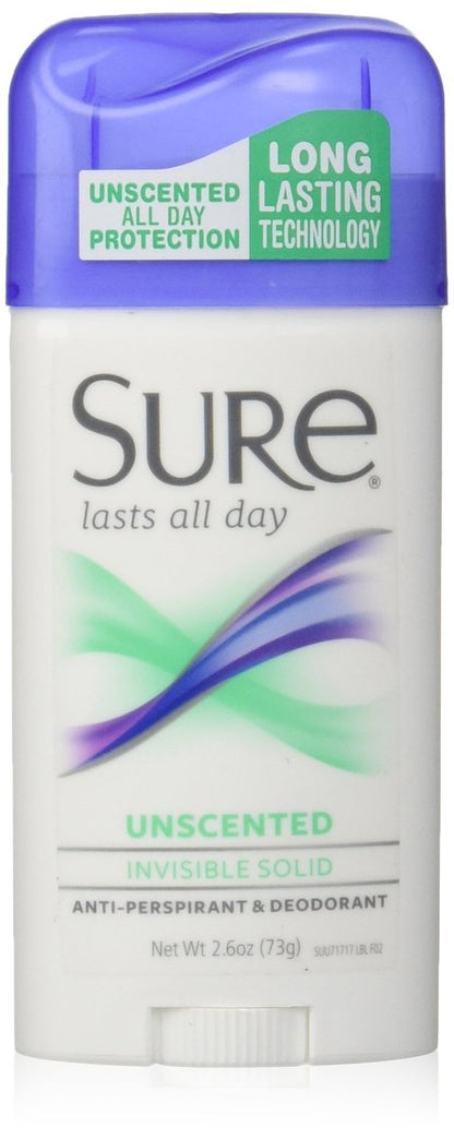 Sure Invisible Solid Anti-Perspirant and Deodorant, Unscented, 2.6 oz (Pack of 6)