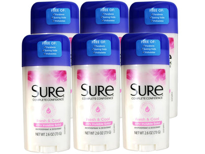 Sure Anti-Perspirant & Deodorant Invisible Solid Fresh & Cool, 2.6 oz (Pack of 6) Avelisse