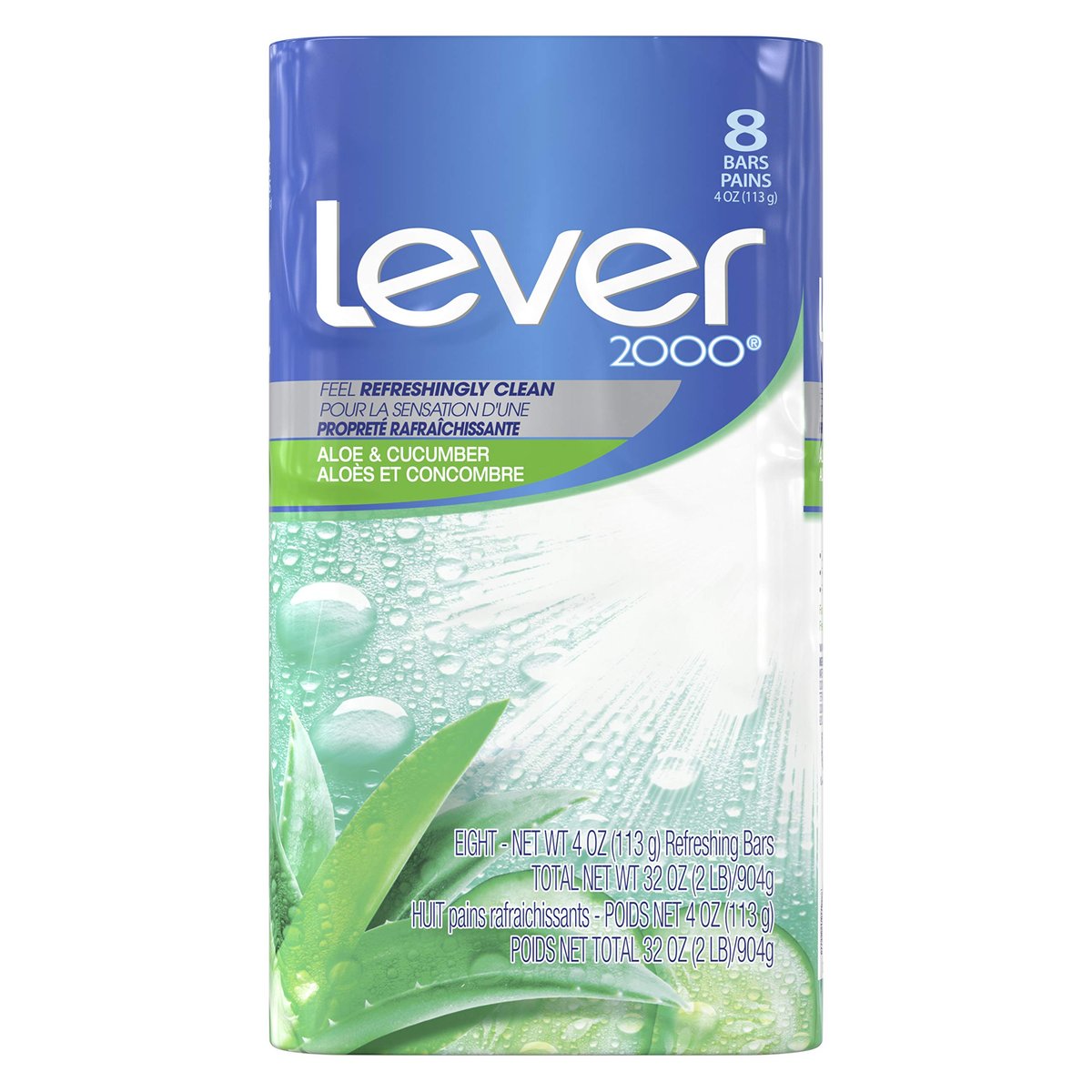 Lever 2000 Refreshing Body Soap and Facial Cleanser Aloe & Cucumber, 4 oz Bars (Pack of 8) Avelisse