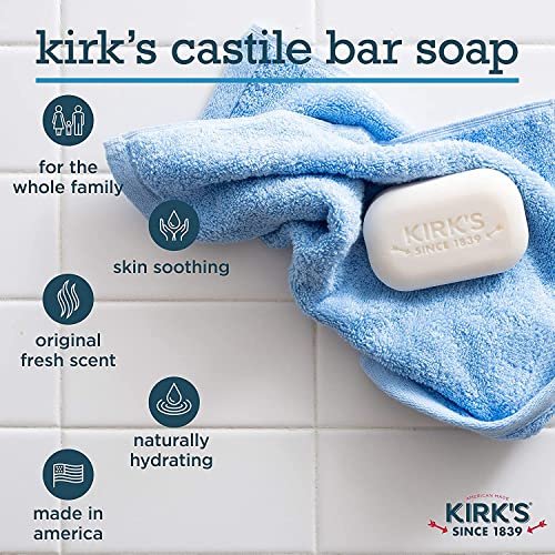 Kirk's Natural Castile Bar Soap - 4oz (5 Pack) - Gentle Coco Soap for Face, Hands & Body Avelisse