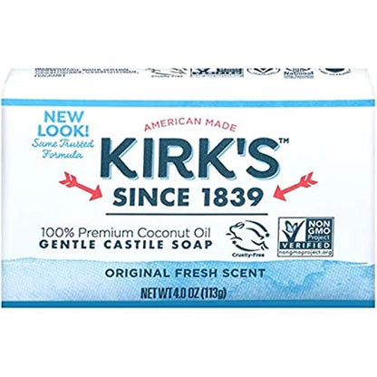 Kirk's Natural Castile Bar Soap - 4oz (5 Pack) - Gentle Coco Soap for Face, Hands & Body Avelisse