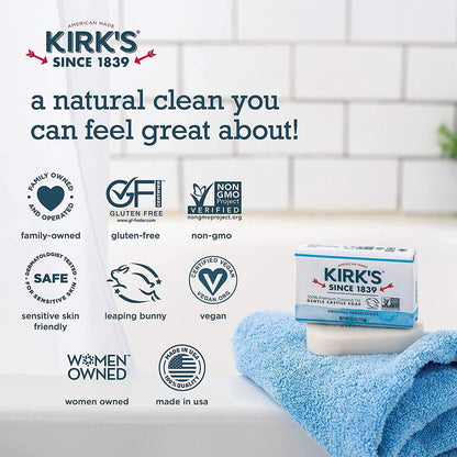 Kirk's Natural Castile Bar Soap - 4oz (5 Pack) - Gentle Coco Soap for Face, Hands & Body Avelisse