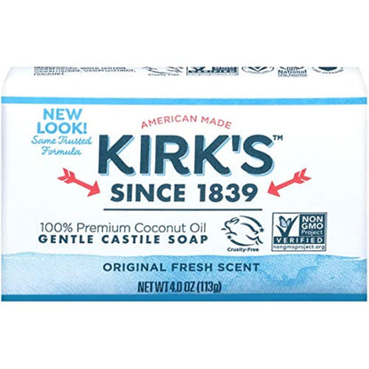 Kirk's Natural Castile Bar Soap - 4oz (5 Pack) - Gentle Coco Soap for Face, Hands & Body Avelisse