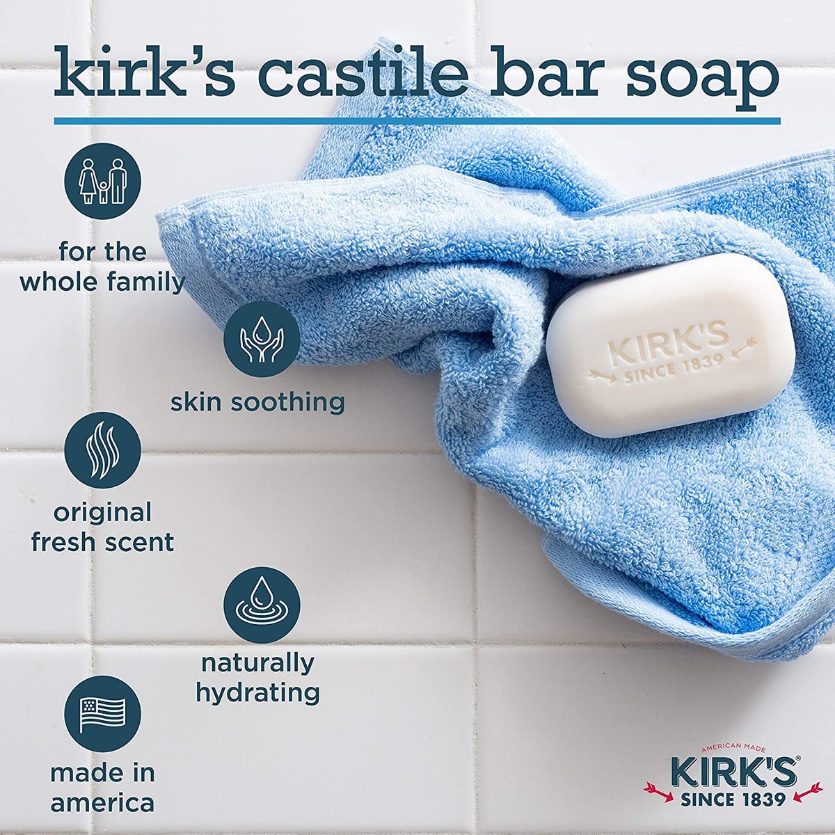 Kirk's Natural Castile Bar Soap - 4oz (5 Pack) - Gentle Coco Soap for Face, Hands & Body Avelisse
