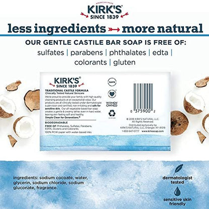 Kirk's Natural Castile Bar Soap - 4oz (5 Pack) - Gentle Coco Soap for Face, Hands & Body Avelisse