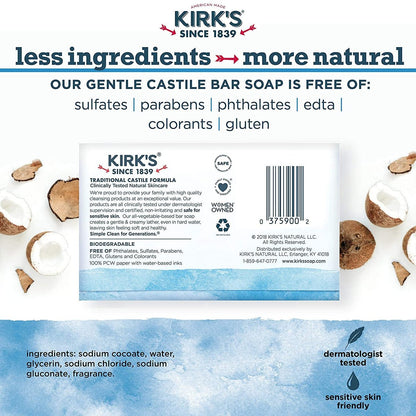 Kirk's Natural Castile Bar Soap - 4oz (5 Pack) - Gentle Coco Soap for Face, Hands & Body Avelisse