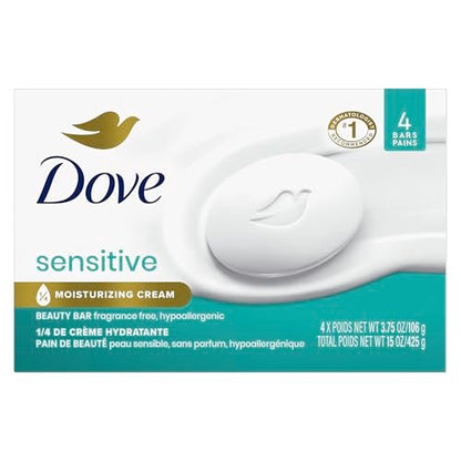 Dove Beauty Bar Soap Sensitive, Fragrance Free & Hypoallergenic, 4 Bars (3.75 oz Each) for Sensitive Skin