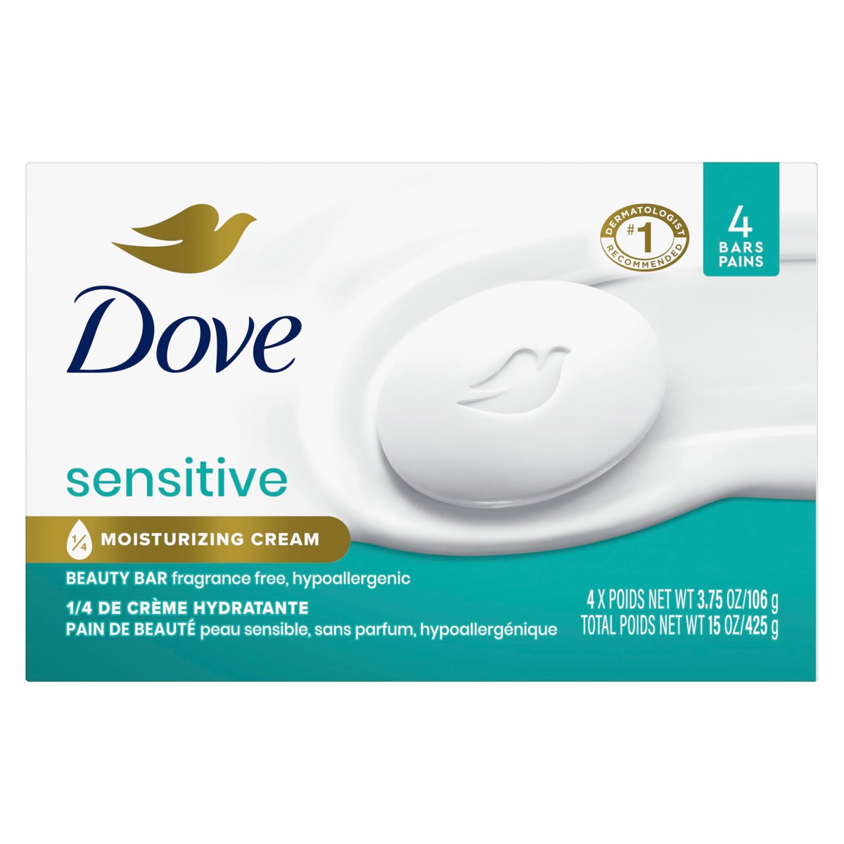 Dove Beauty Bar Soap Sensitive, Fragrance Free & Hypoallergenic, 4 Bars (3.75 oz Each) for Sensitive Skin - görsel 1