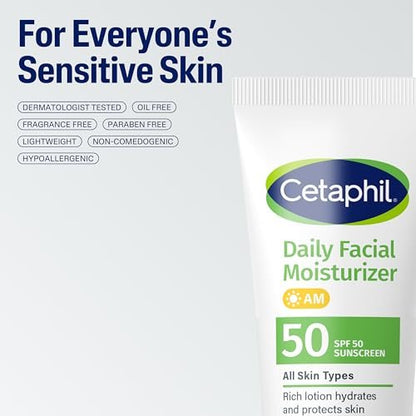 Cetaphil Daily Facial Moisturizer SPF 50, 1.7 Fl Oz (Pack of 2) – Gentle Sunscreen Moisturizer for Dry to Normal Skin, Fragrance-Free, Dermatologist Recommended Avelisse