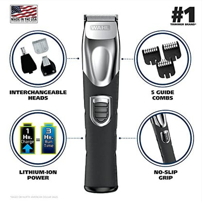 Wahl USA Rechargeable Lithium Ion All in One Beard Trimmer for Men with Detail and Ear & Nose Hair Trimmer Attachment – Model 9854-600B Avelisse