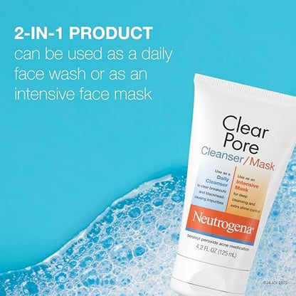 Neutrogena Clear Pore 2-in-1 Facial Cleanser & Face Mask with Benzoyl Peroxide, 4.2 fl. oz (Pack of 3) Avelisse