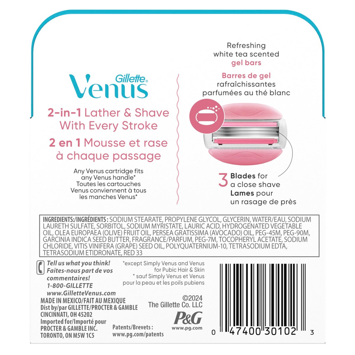 Gillette Venus ComfortGlide White Tea Women's Razor Refills, 4 Count - Fits Venus Handles, Built-in Shave Gel Bars Avelisse