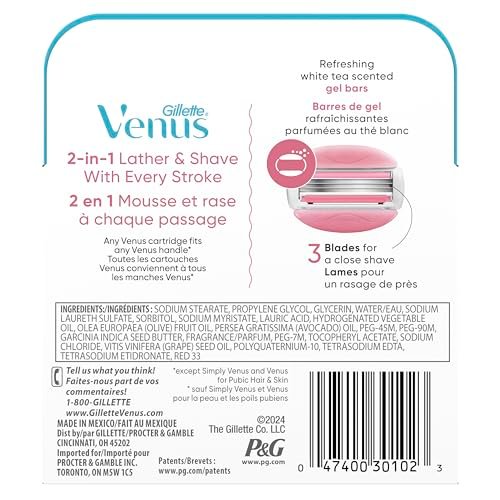 Venus ComfortGlide White Tea Women's Razor Blade Refills, 8 Count, with Built-in Shave Gel Bars Avelisse