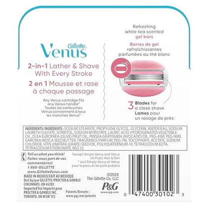 Venus ComfortGlide White Tea Women's Razor Blade Refills, 8 Count, with Built-in Shave Gel Bars Avelisse