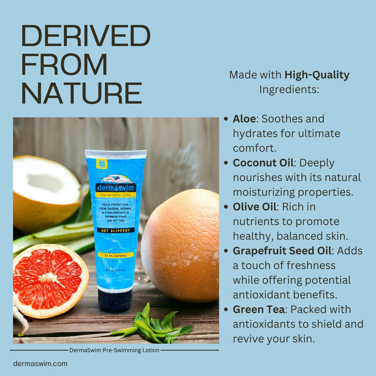 DERMASWIM Pre-Swim Lotion for Chlorine Protection – 8 fl oz | 97.5% Natural & Paraben-Free | Vitamin-Enriched with Aloe & Green Tea | Shields & Moisturizes Skin Before Swimming in Pools or Hot Tubs Avelisse