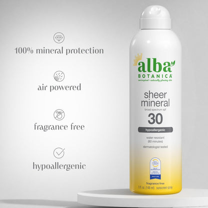 Alba Botanica Sheer Mineral Sunscreen Spray SPF 30, Fragrance-Free, Broad Spectrum, Water Resistant & Biodegradable, 5 oz
