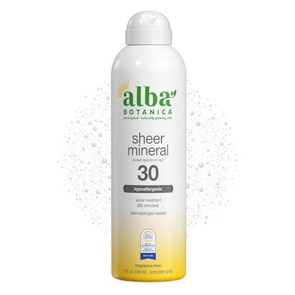 Alba Botanica Sheer Mineral Sunscreen Spray SPF 30, Fragrance-Free, Broad Spectrum, Water Resistant & Biodegradable, 5 oz