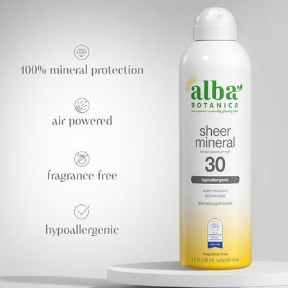 Alba Botanica Sheer Mineral Sunscreen Spray SPF 30, Fragrance-Free, Broad Spectrum, Water Resistant & Biodegradable, 5 oz