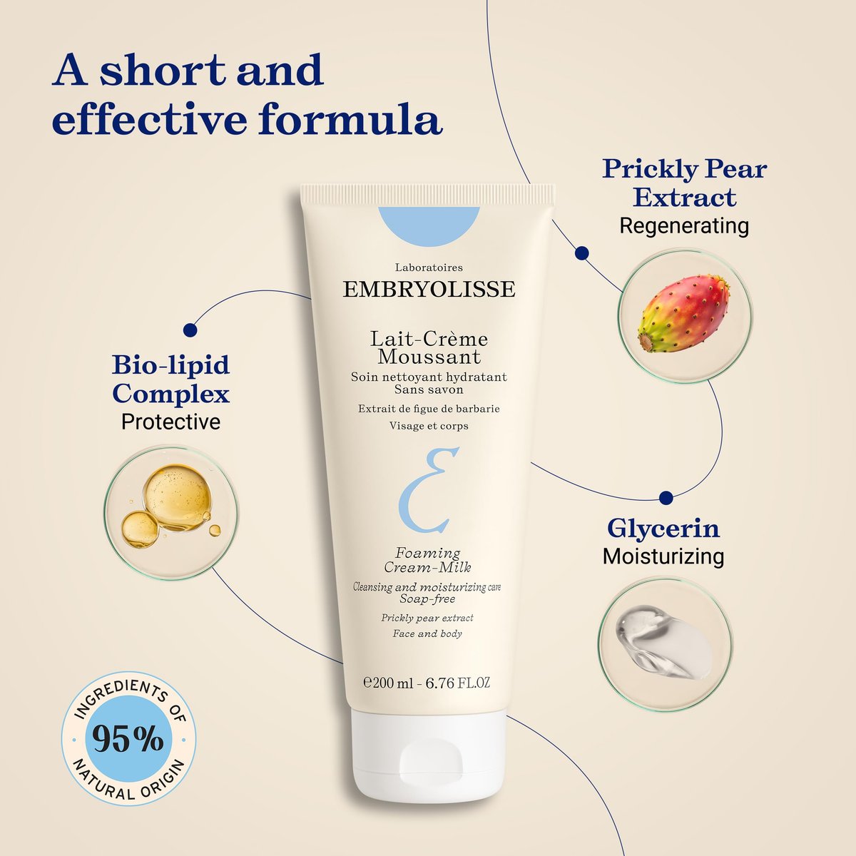 Embryolisse Foaming Cream Milk Hydrating Cleanser for Face and Body, Soap-Free Vegan Formula, 6.76 Fl Oz Avelisse